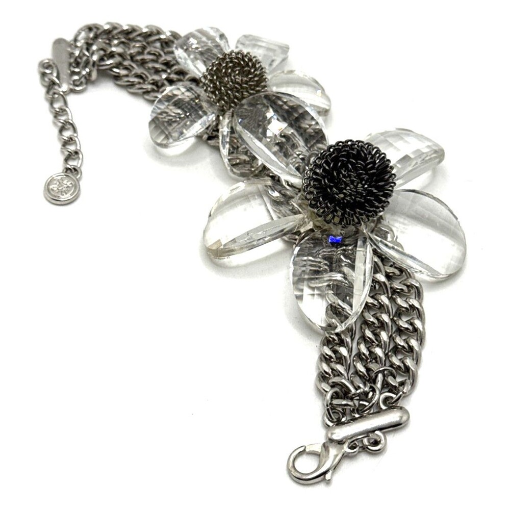 New VERA WANG Faceted Crystal Flowers Bracelet Silver Tone Chainmail Statement